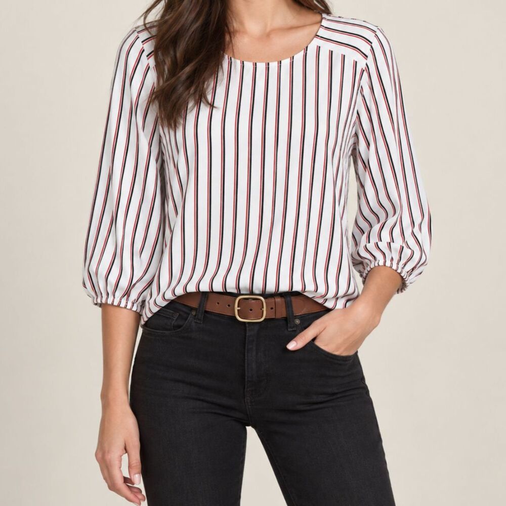 Gray Black Red Striped Blouse Womens Top